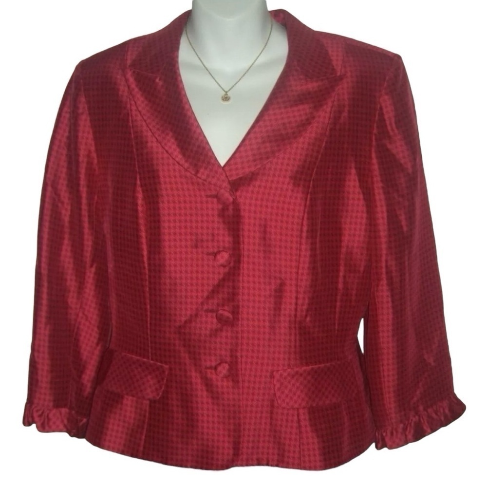 Kay Unger Blazer Silk Houndstooth Red Ruffle Work Classic Royal Regency Preppy
